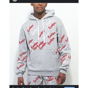 Cookies All Over Logo Hoodie Mens Large Gray Embroidered Streetwear Y2K